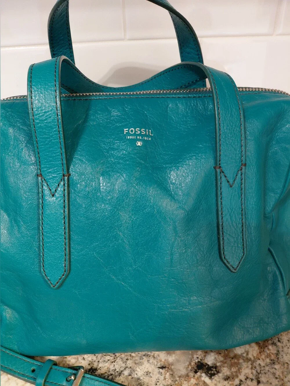 Fossil Teal Leather Satchel Bag Purse With Removable Strap